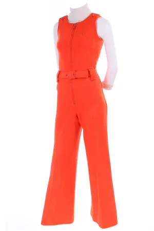 1970s Courreges Orange Knit Jumpsuit & Sheer Turtleneck Top