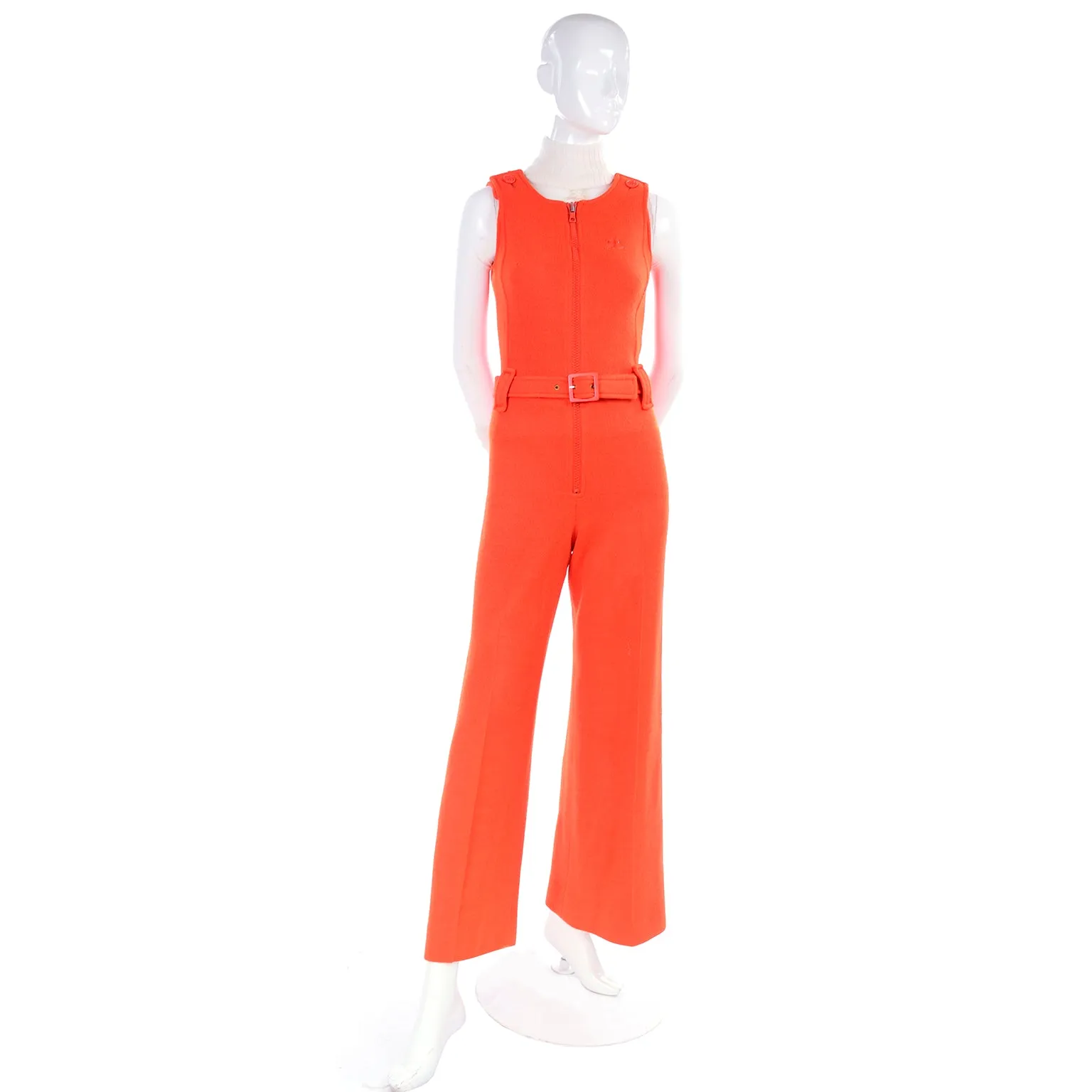 1970s Courreges Orange Knit Jumpsuit & Sheer Turtleneck Top