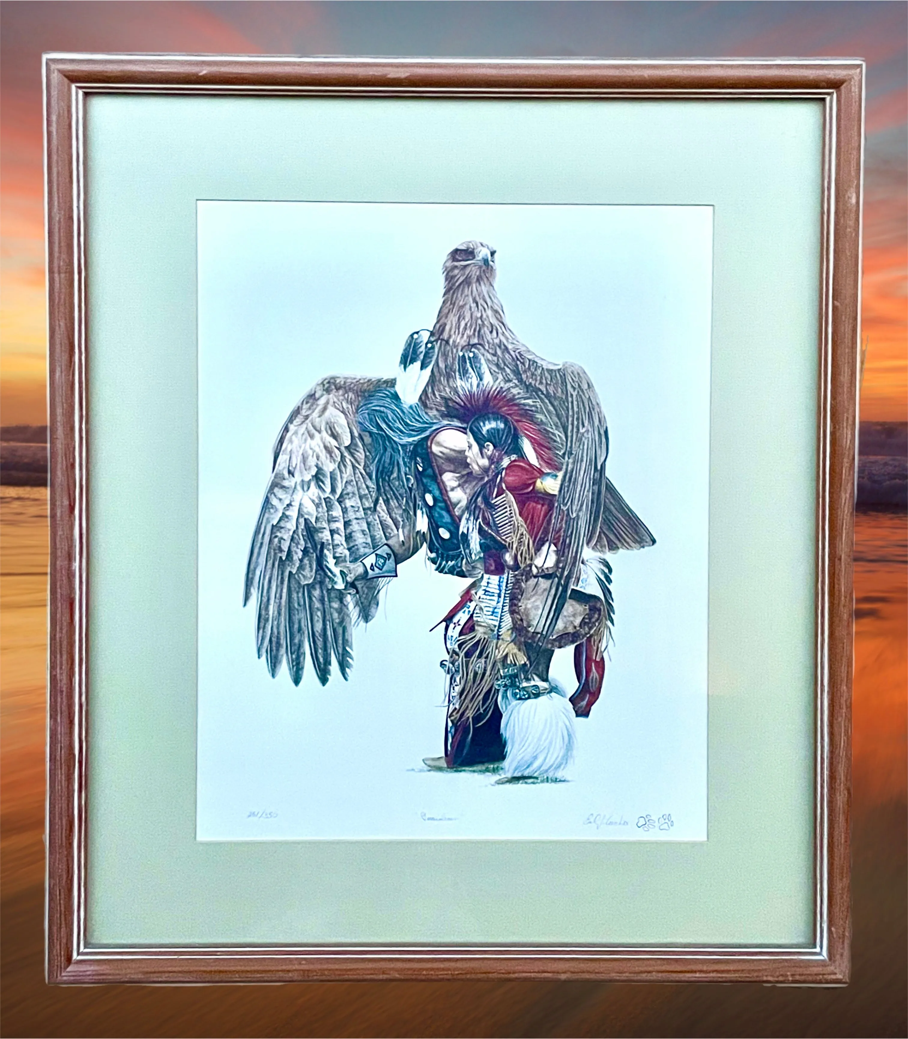 25x21 Guardian Signed Earl J. Cacho Native American Eagle Bird Framed Matted Art