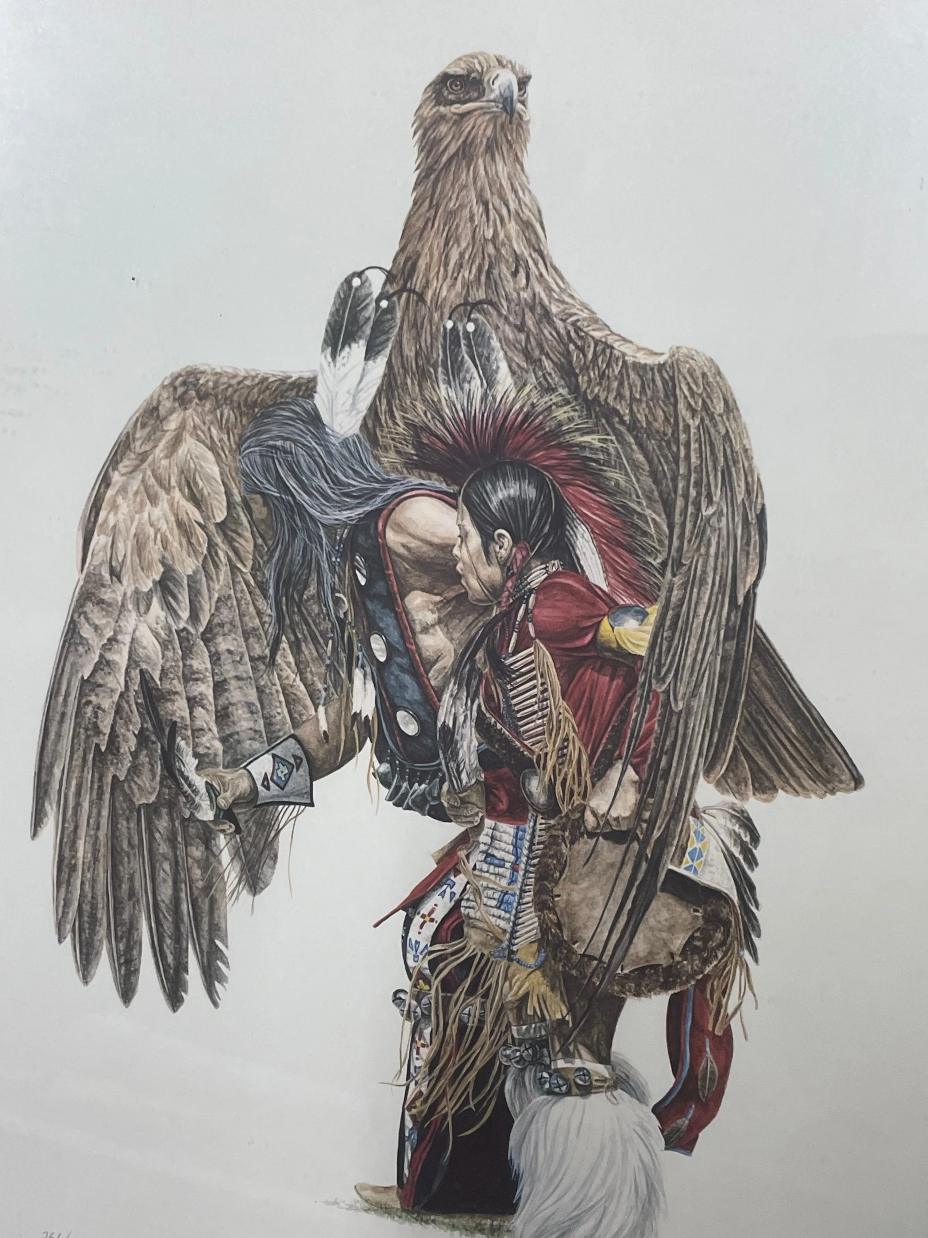 25x21 Guardian Signed Earl J. Cacho Native American Eagle Bird Framed Matted Art