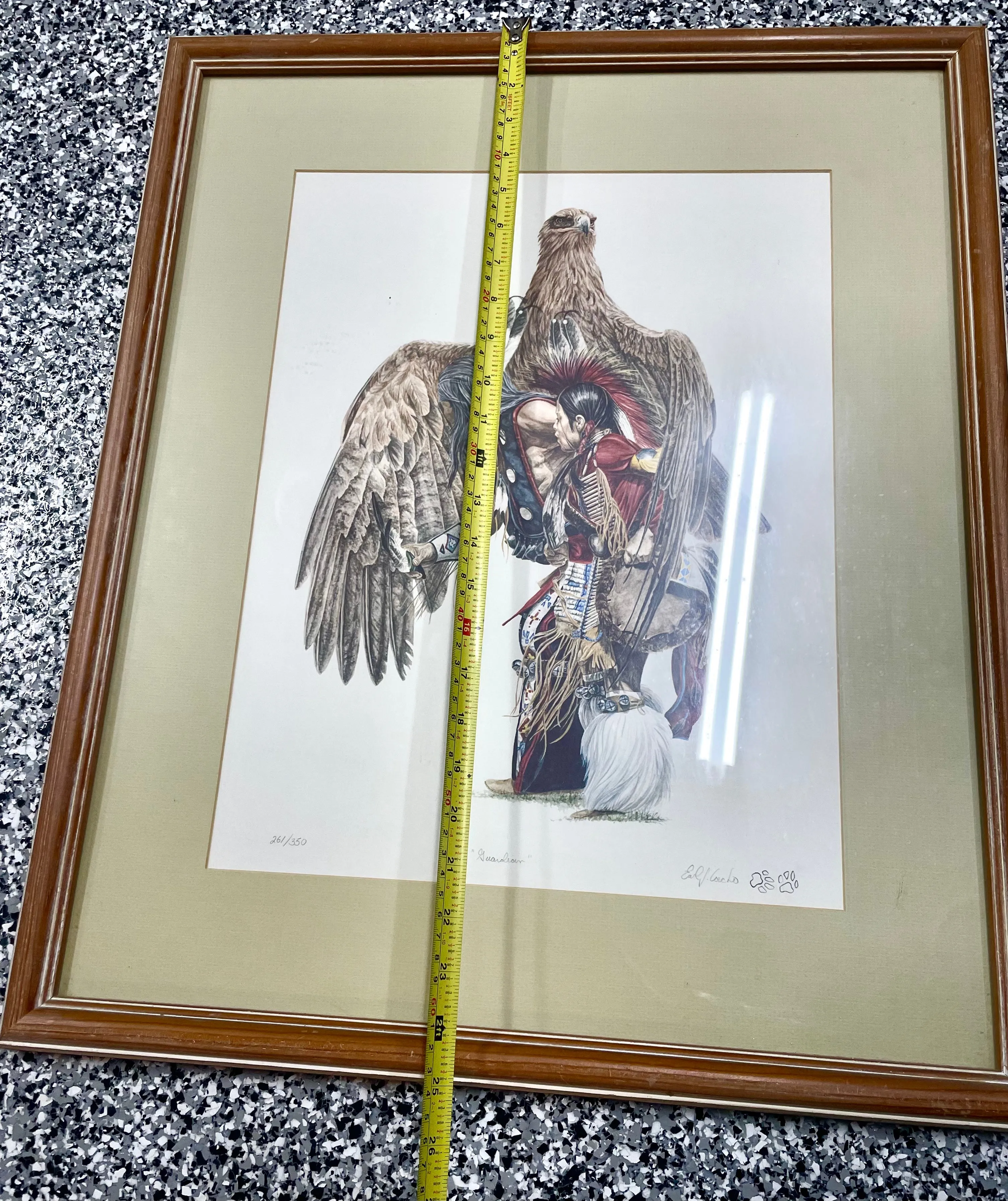 25x21 Guardian Signed Earl J. Cacho Native American Eagle Bird Framed Matted Art