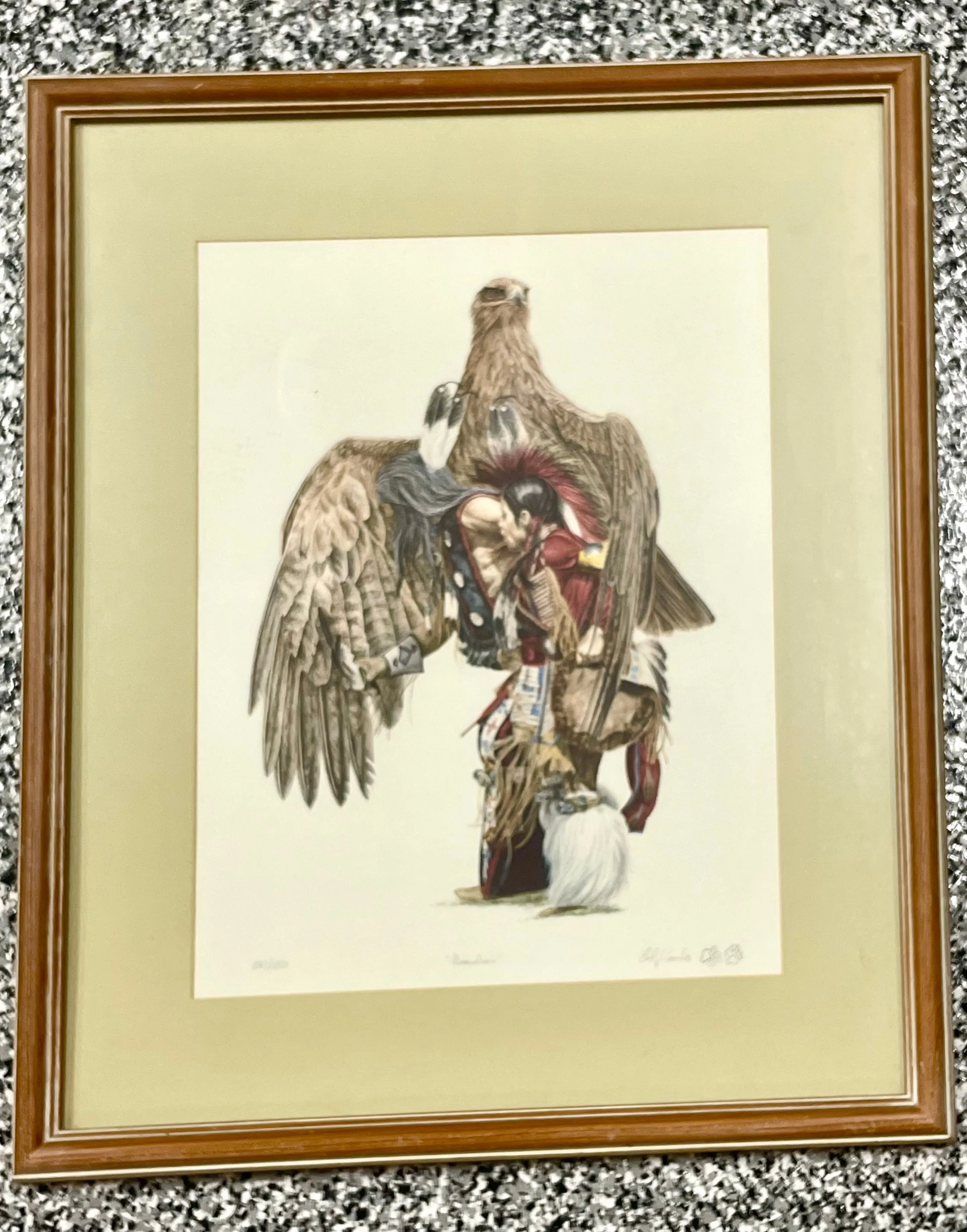 25x21 Guardian Signed Earl J. Cacho Native American Eagle Bird Framed Matted Art