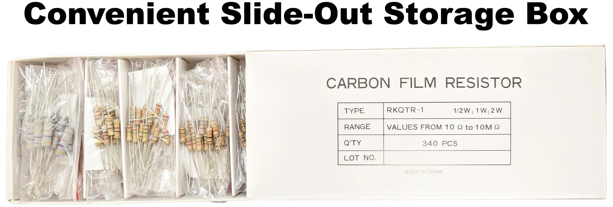 340 Piece Resistor Kit - Includes Assortment of ½ Watt, 1W, and 2W Resistors in Slotted Storage Box