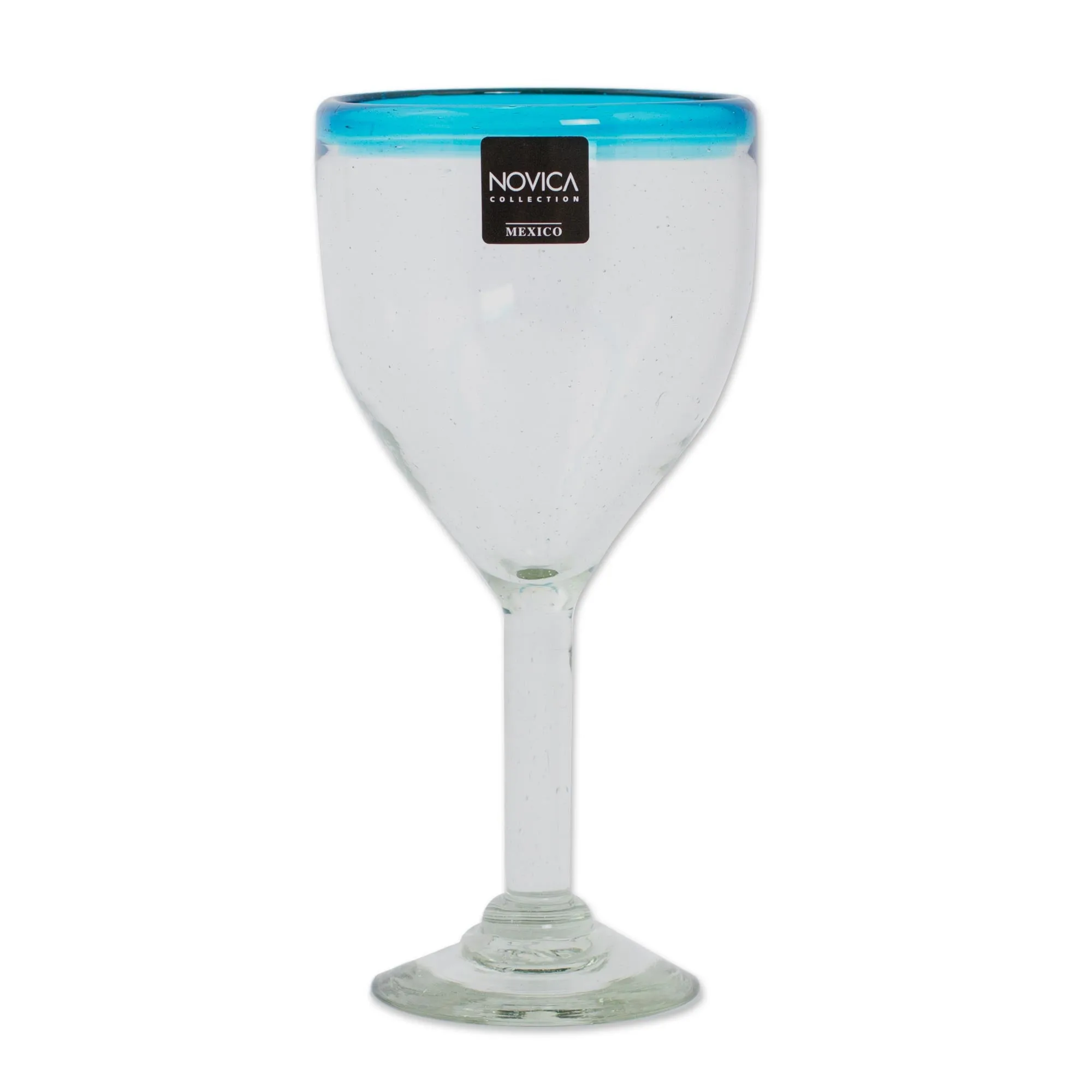 Aquamarine Kiss Clear with Aqua Rim Hand Blown 8 oz Wine Glasses (Set of 6)