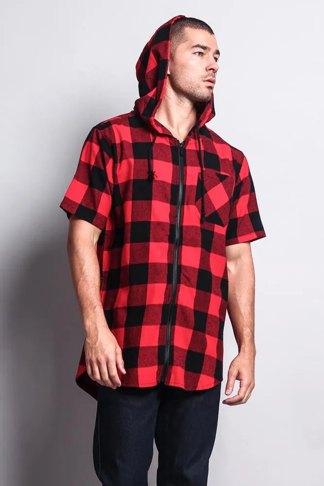 Buffalo Plaid Zip Up Short Sleeve Fishtail Hoodie