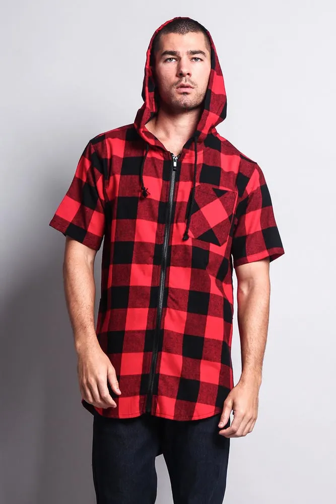 Buffalo Plaid Zip Up Short Sleeve Fishtail Hoodie