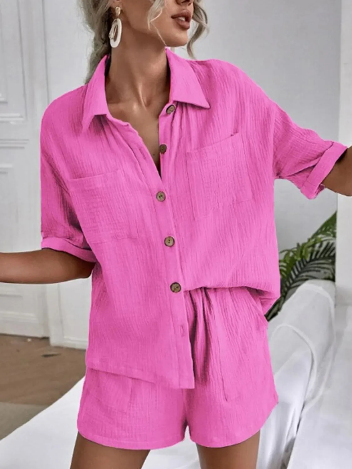 Button Up Short Sleeve Top and Shorts Set - 3 Colors