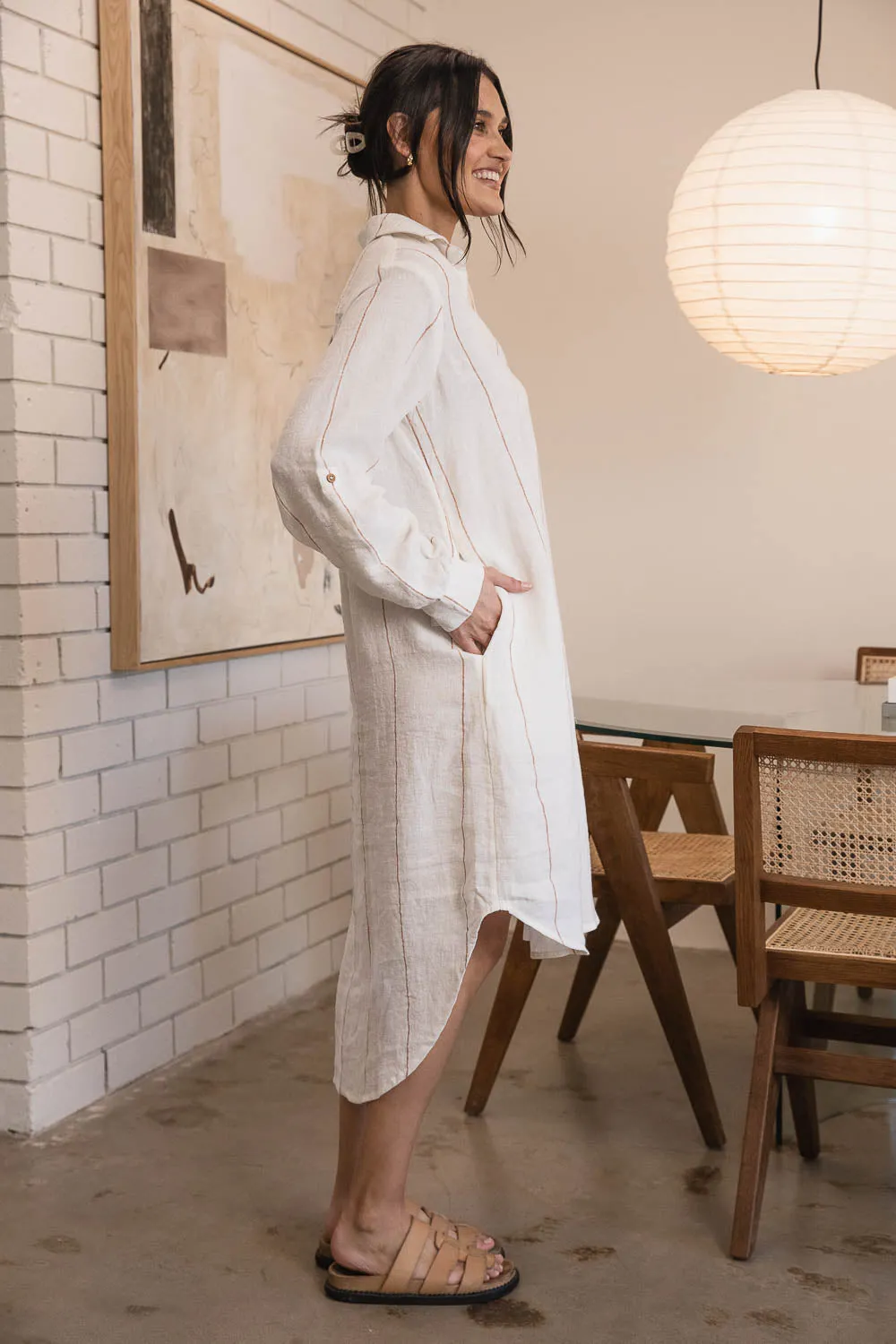 Carter Fundamental Linen Shirt Dress - Off White w' Nutmeg Fine Stripe