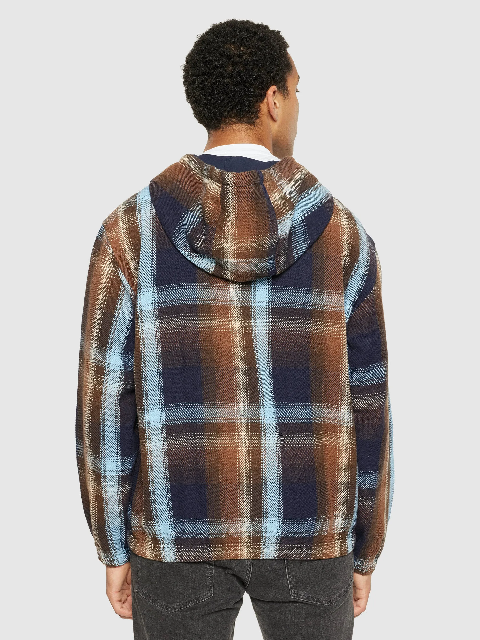 Checked hoodie twill zipper jacket -GOTS/Vegan - Brown check