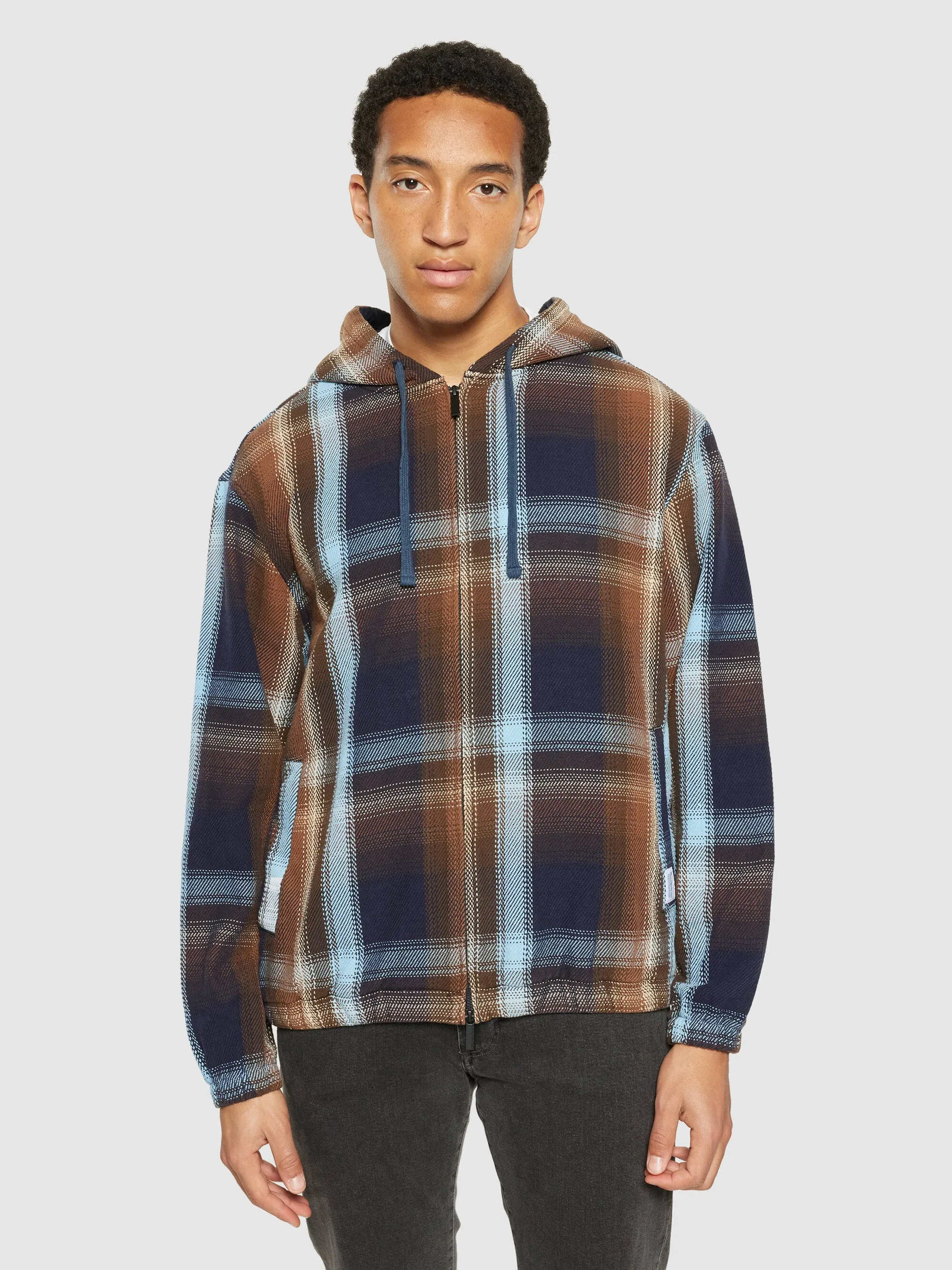 Checked hoodie twill zipper jacket -GOTS/Vegan - Brown check