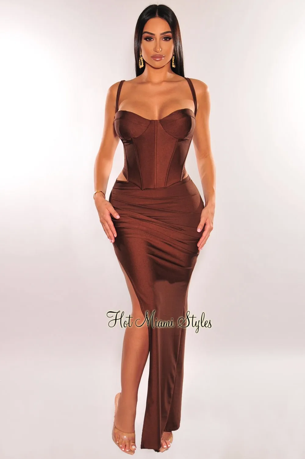 Chocolate Spaghetti Strap Padded Boned Corset Ruched Slit Skirt Two Piece Set