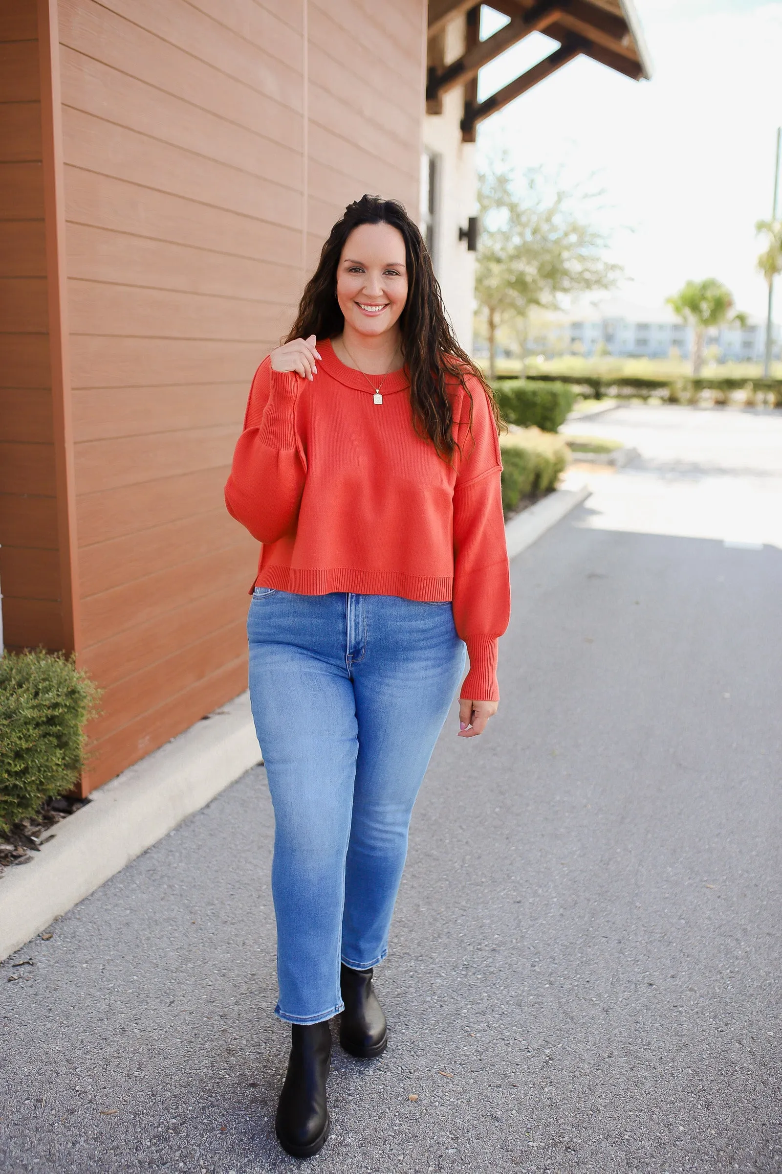 Colorado Casual Ribbed Hem Sweater Top- Rust