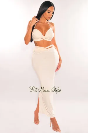 Cream Cut Out Knotted Midi Skirt Two Piece Set