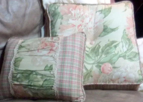 Decorative Throw Pillow, Designer fabric, Waverly pillows with peach peonies with corded trim