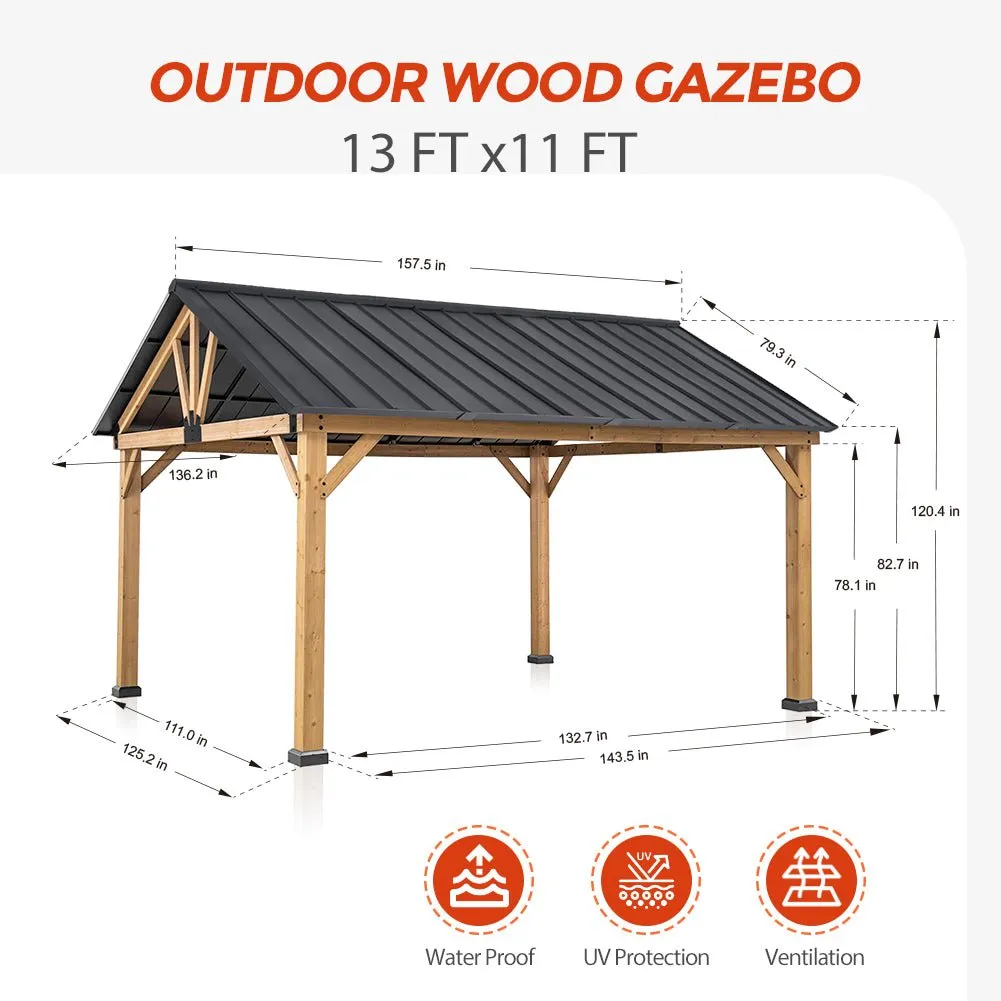 EAGLE PEAK 13x11 Cedar Frame Hardtop Gazebo, Natural Wood Outdoor Pavilion，12x10 Frame