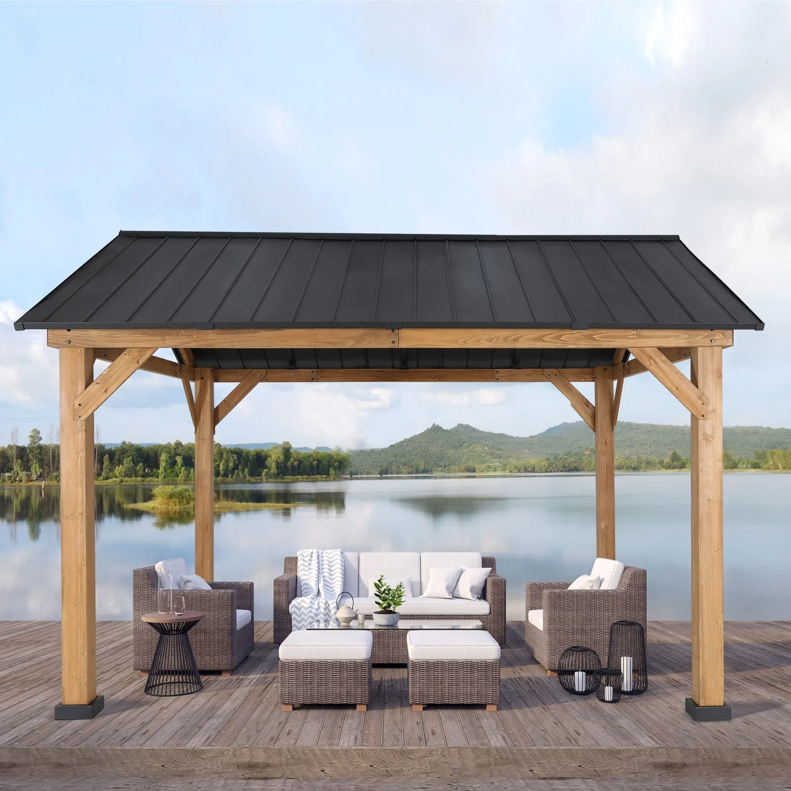 EAGLE PEAK 13x11 Cedar Frame Hardtop Gazebo, Natural Wood Outdoor Pavilion，12x10 Frame