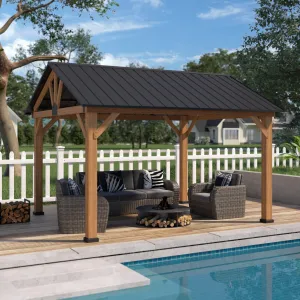 EAGLE PEAK 13x11 Cedar Frame Hardtop Gazebo, Natural Wood Outdoor Pavilion，12x10 Frame