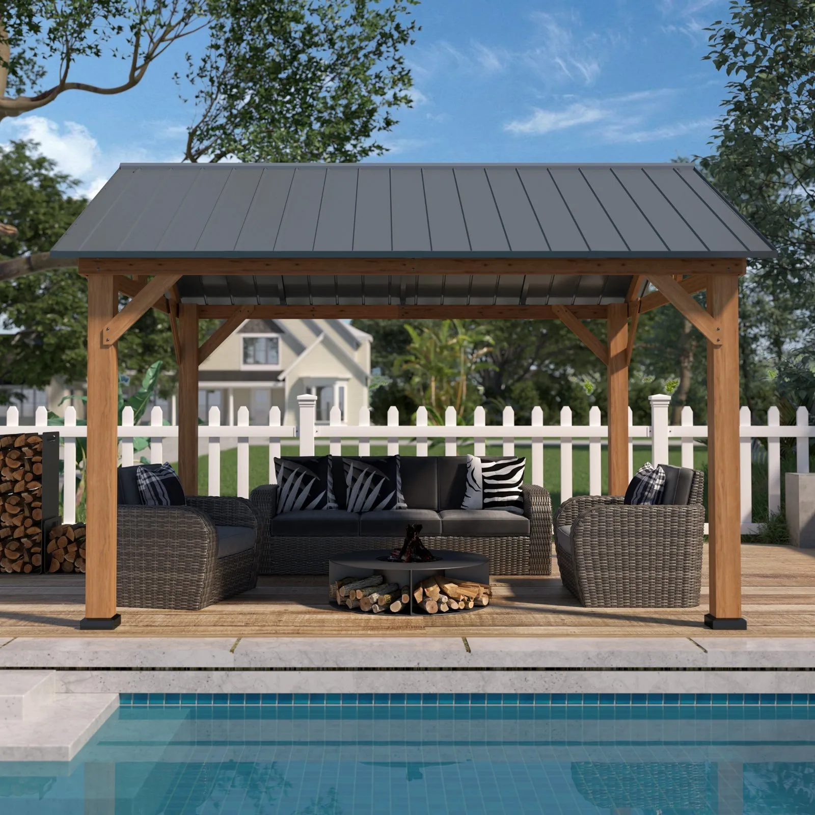 EAGLE PEAK 13x11 Cedar Frame Hardtop Gazebo, Natural Wood Outdoor Pavilion，12x10 Frame