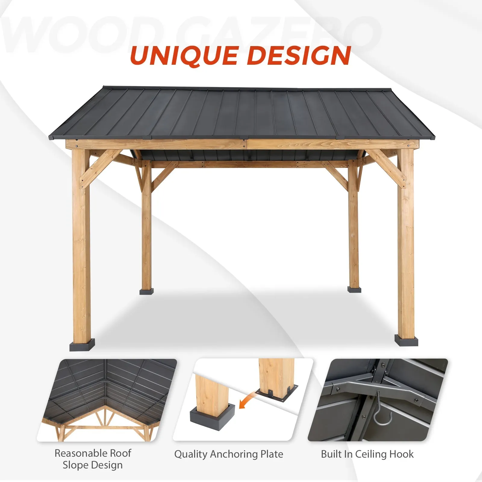 EAGLE PEAK 13x11 Cedar Frame Hardtop Gazebo, Natural Wood Outdoor Pavilion，12x10 Frame