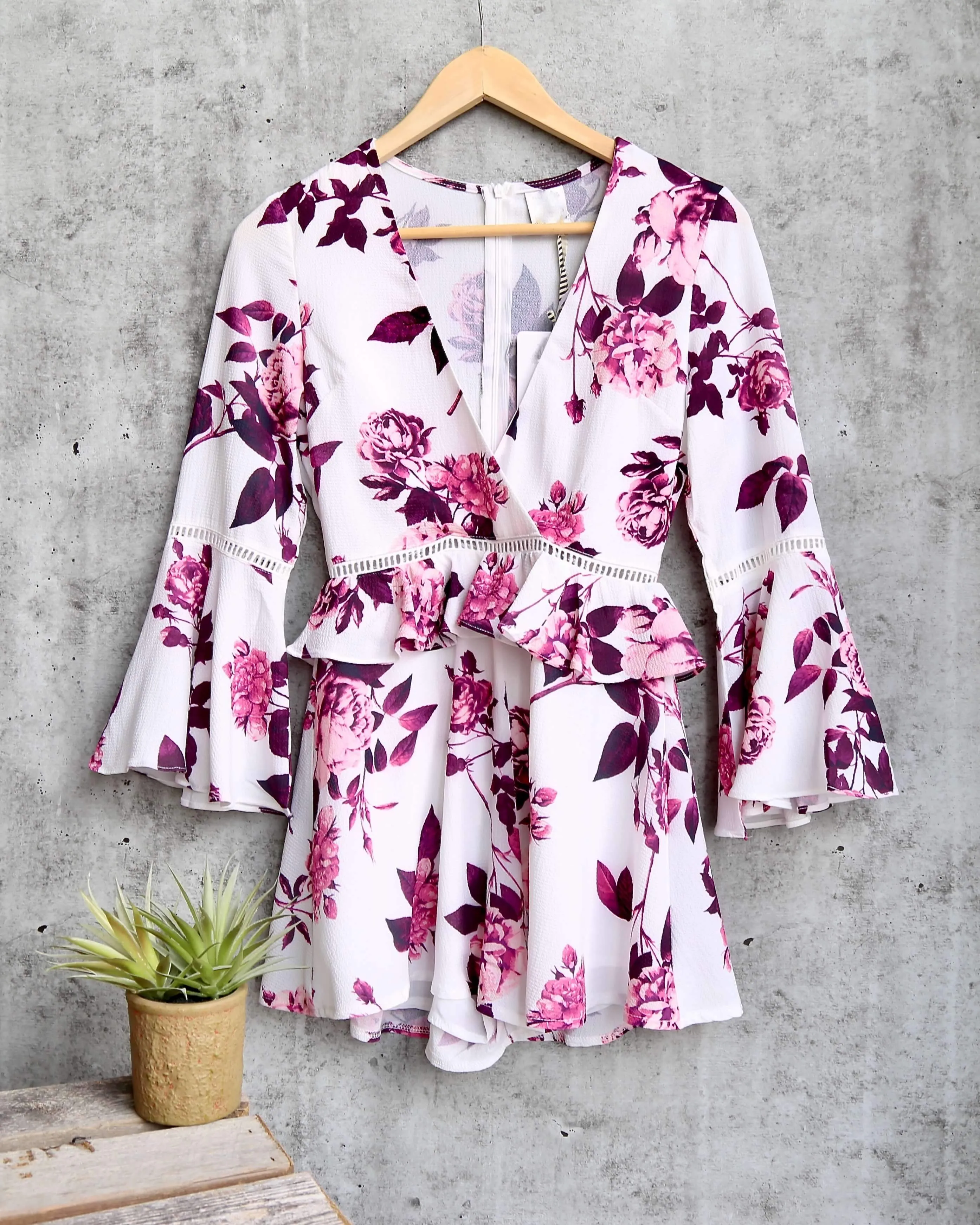 Final Sale - Floral Romper with Bell Sleeves - white/purple