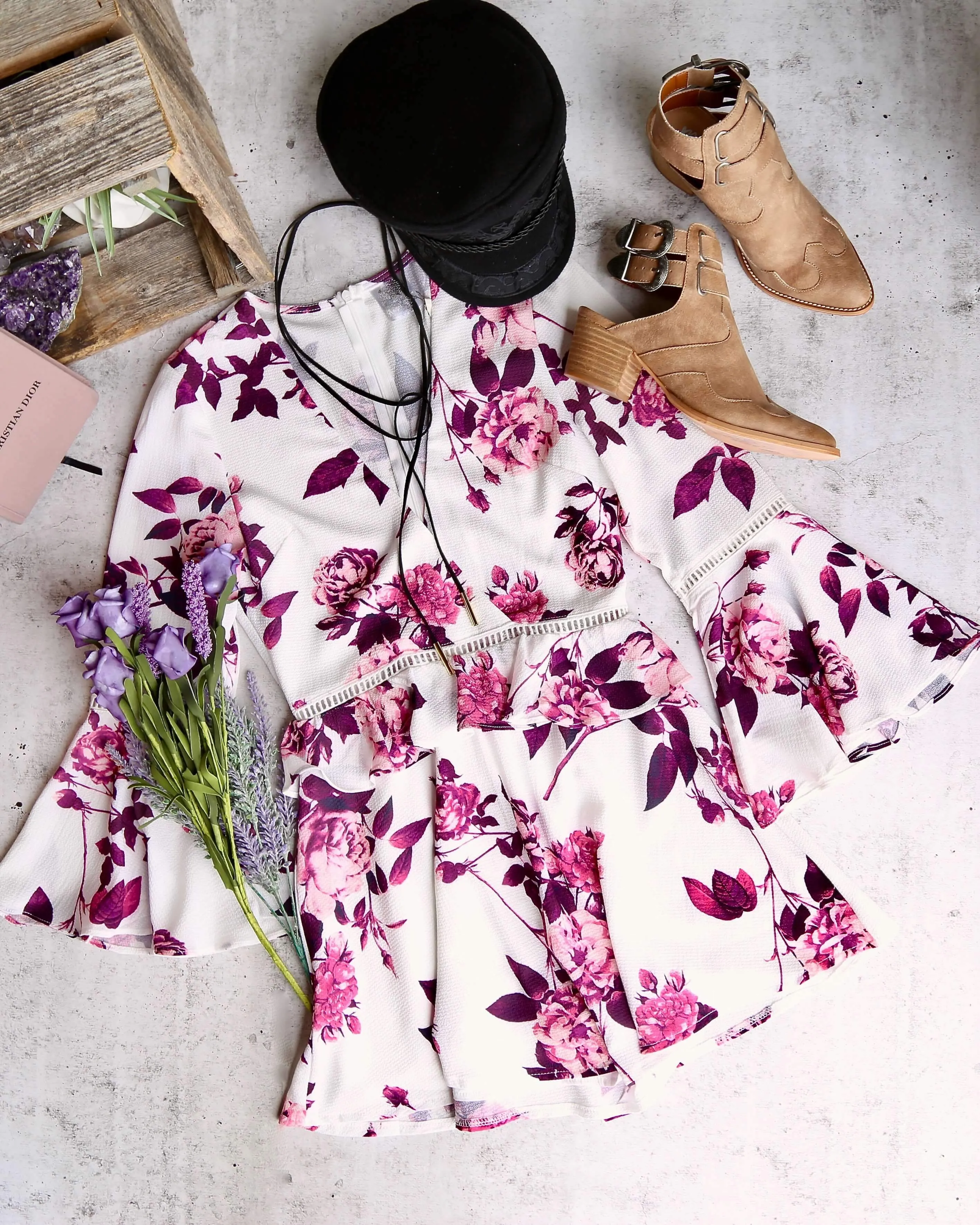 Final Sale - Floral Romper with Bell Sleeves - white/purple