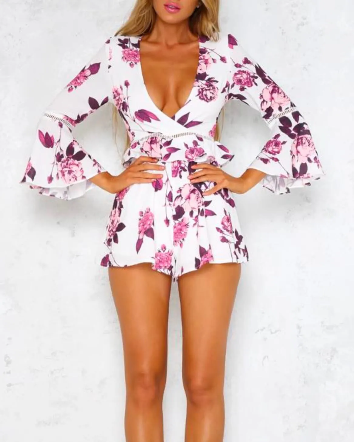 Final Sale - Floral Romper with Bell Sleeves - white/purple