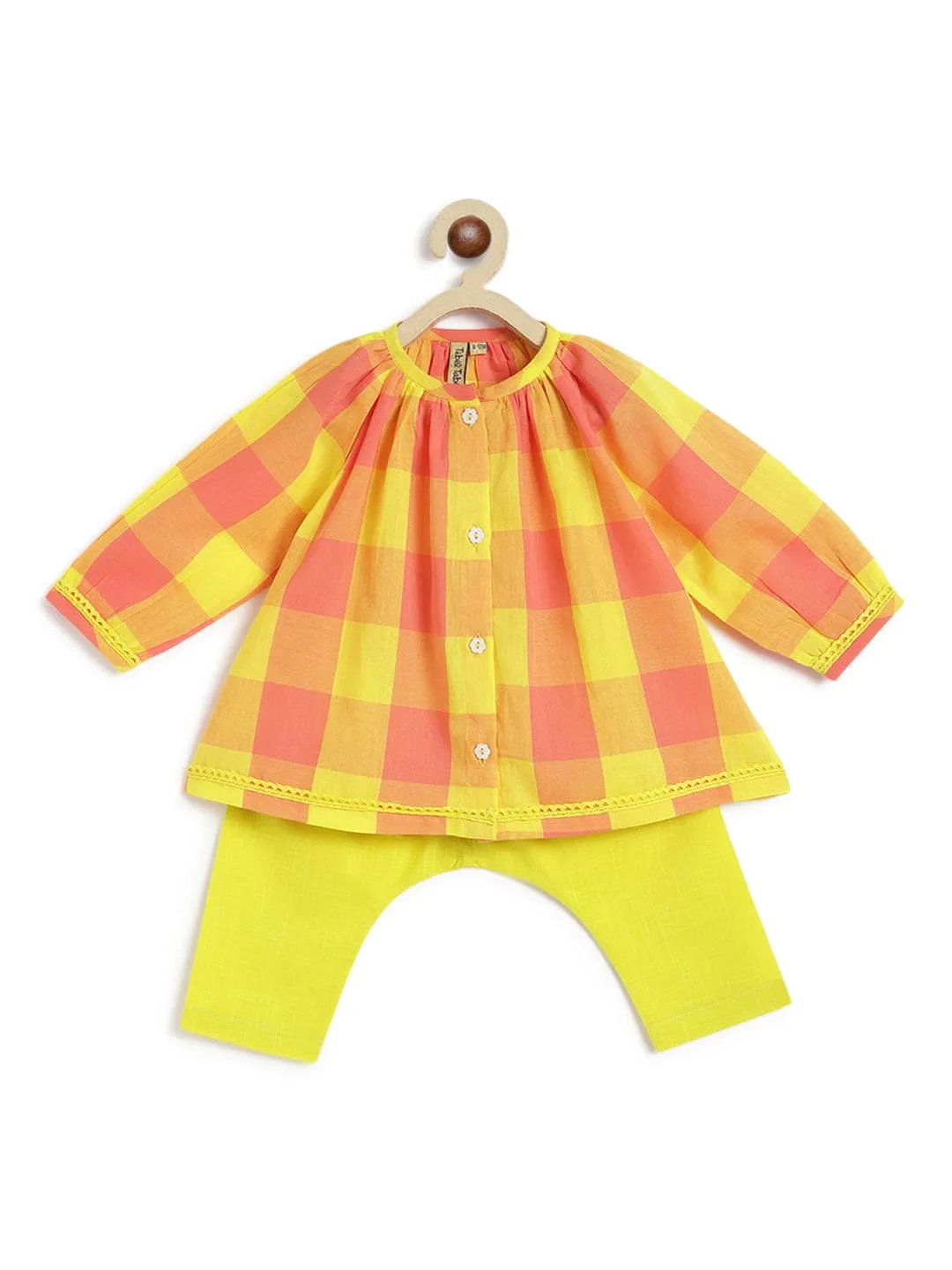 Girl Chirpy Checks Jhabla Set-Yellow