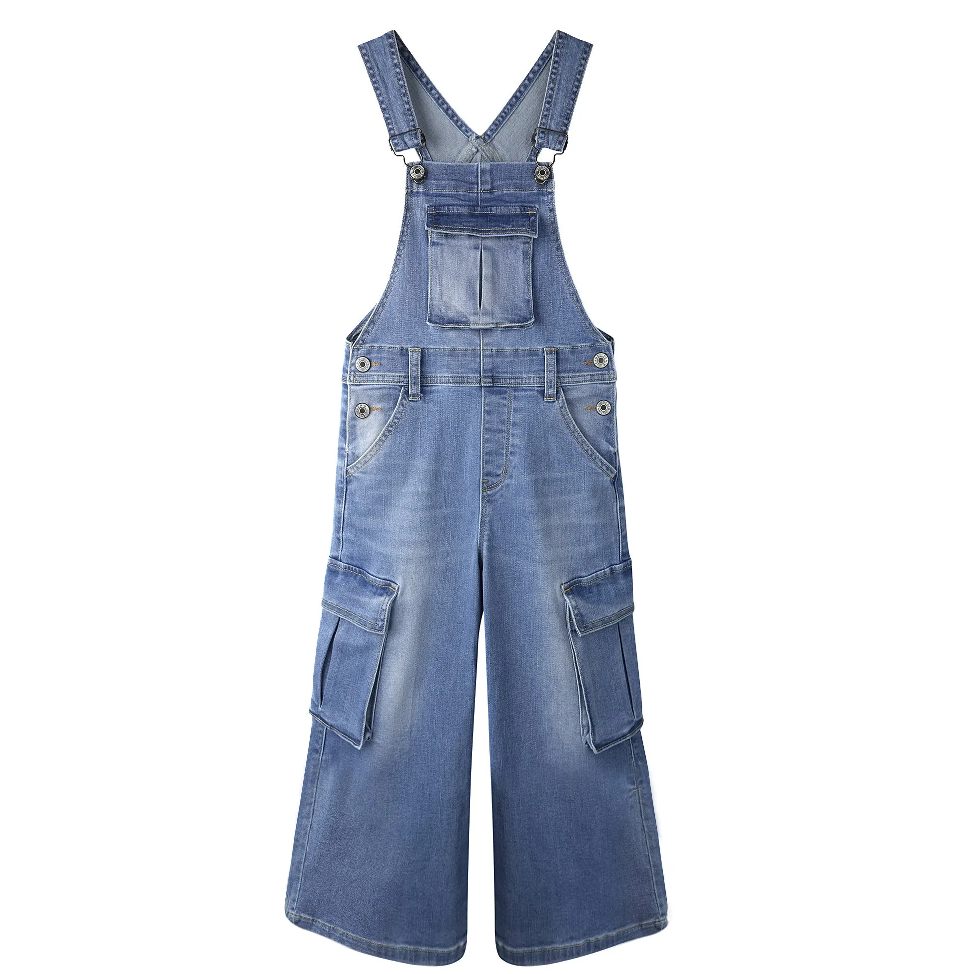 Girls Wide-Leg Denim Overalls with Deep Accordion Pockets - Cargo Jeans Dungarees