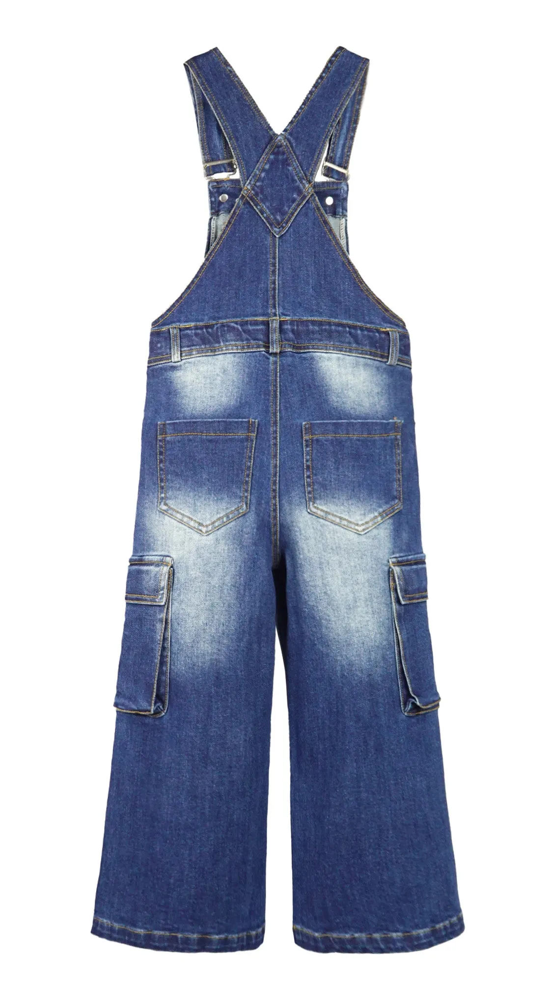 Girls Wide-Leg Denim Overalls with Deep Accordion Pockets - Cargo Jeans Dungarees