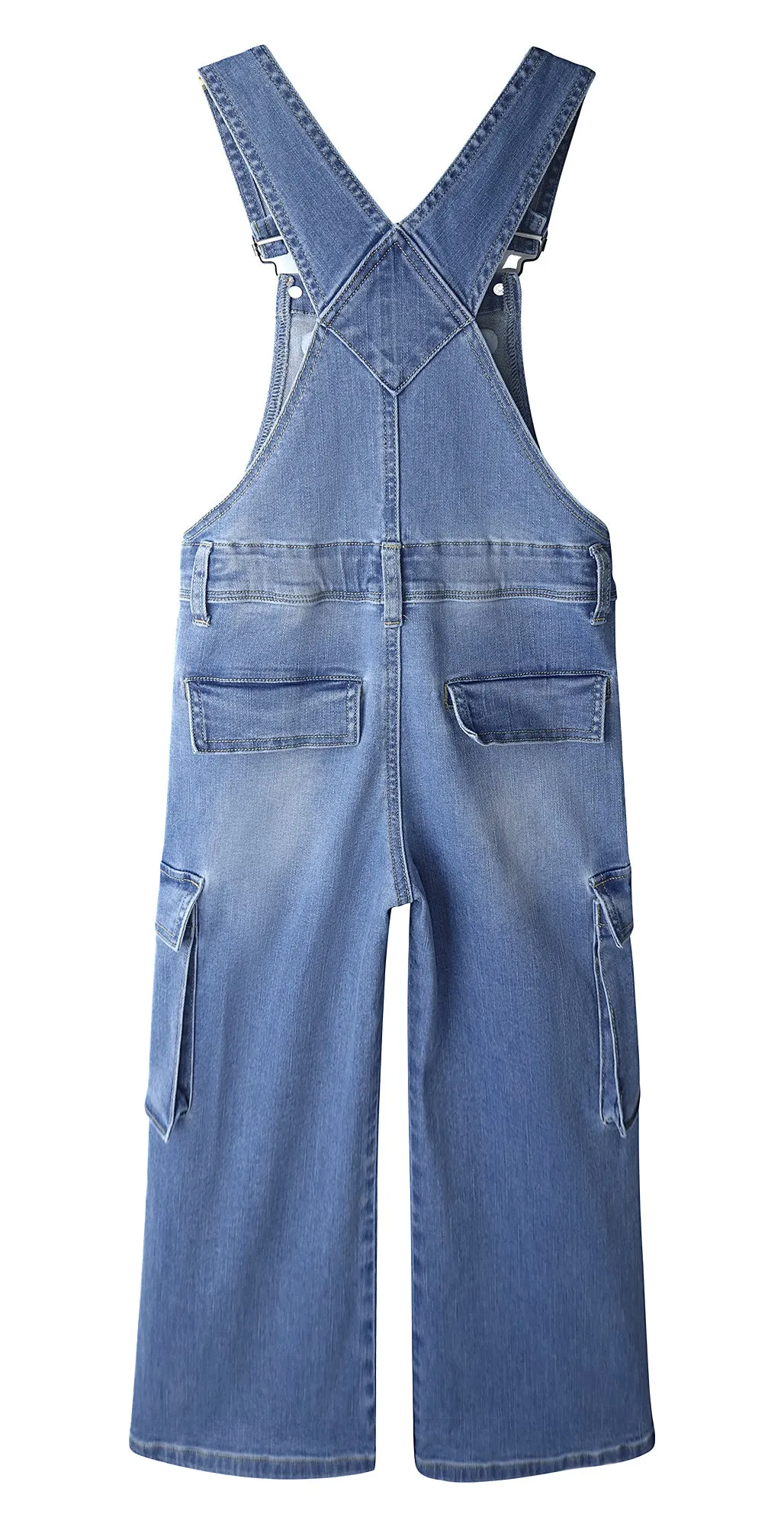 Girls Wide-Leg Denim Overalls with Deep Accordion Pockets - Cargo Jeans Dungarees