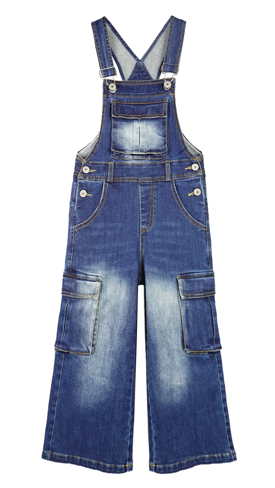 Girls Wide-Leg Denim Overalls with Deep Accordion Pockets - Cargo Jeans Dungarees