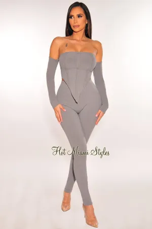 Gray Ribbed Hanky Hem Off Shoulder High Waist Pants Two Piece Set