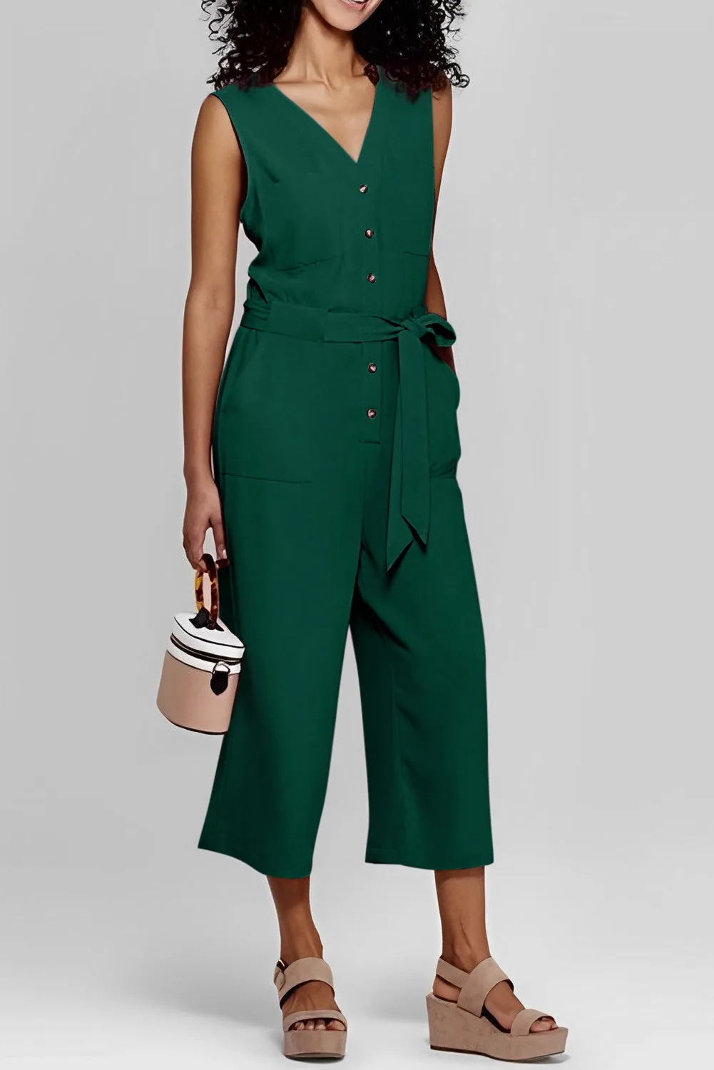 Green Buttoned Sleeveless Cropped Jumpsuit with Sash