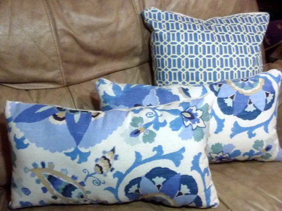 Lumbar Pillow, Suzani Designer fabric in Blue and white