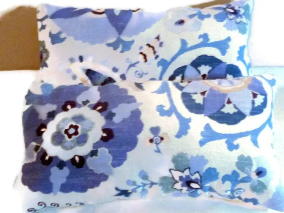 Lumbar Pillow, Suzani Designer fabric in Blue and white