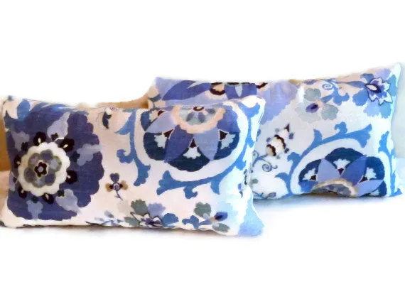 Lumbar Pillow, Suzani Designer fabric in Blue and white