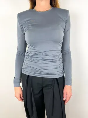 Micro Jersey Shoulder Pad Fitted Crewneck Top in Charcoal