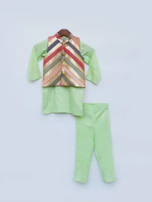 Green Kurta and Pant Set with Sequin Embroidered Jacket - Pre Order