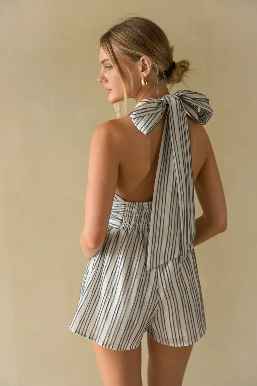 Solene Striped Linen Halter Romper