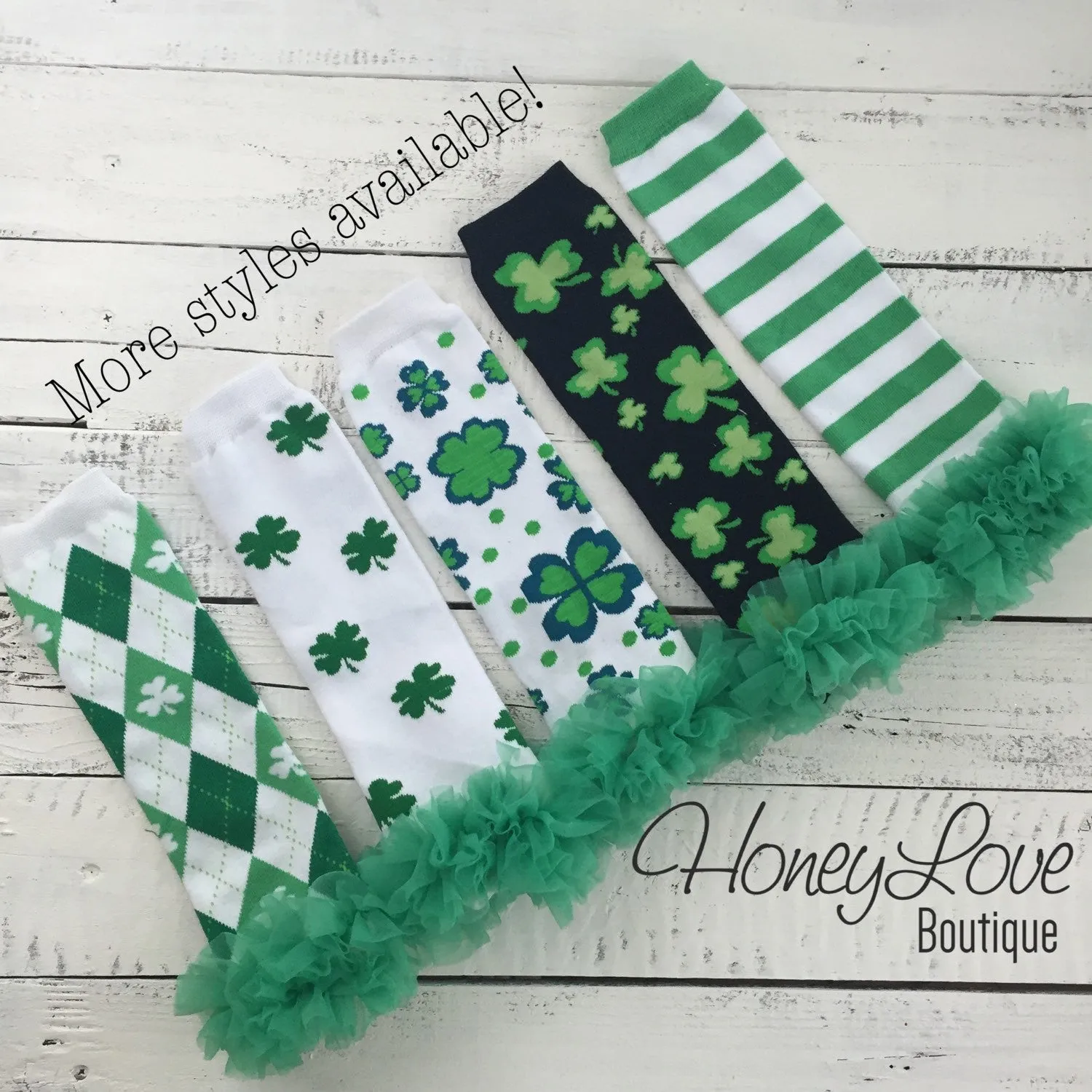 St. Patrick's Day Green/Black Shamrock leg warmers with green ruffles