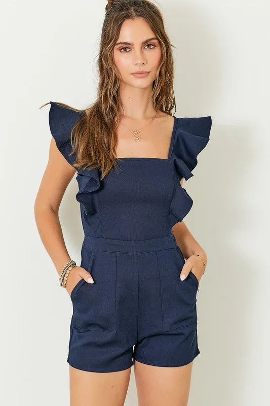 Stretch Denim Romper With Ruffle Details