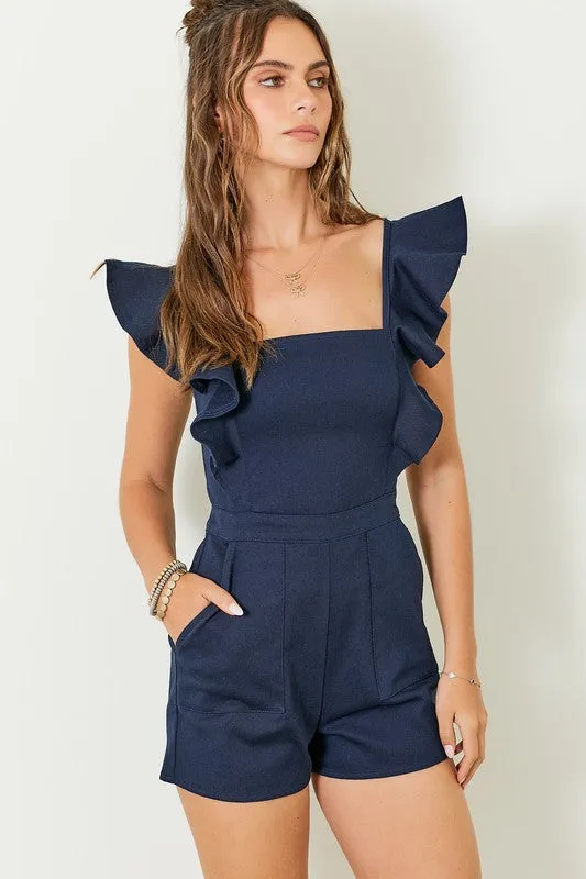 Stretch Denim Romper With Ruffle Details