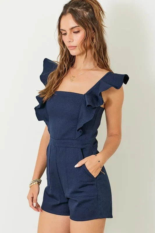 Stretch Denim Romper With Ruffle Details