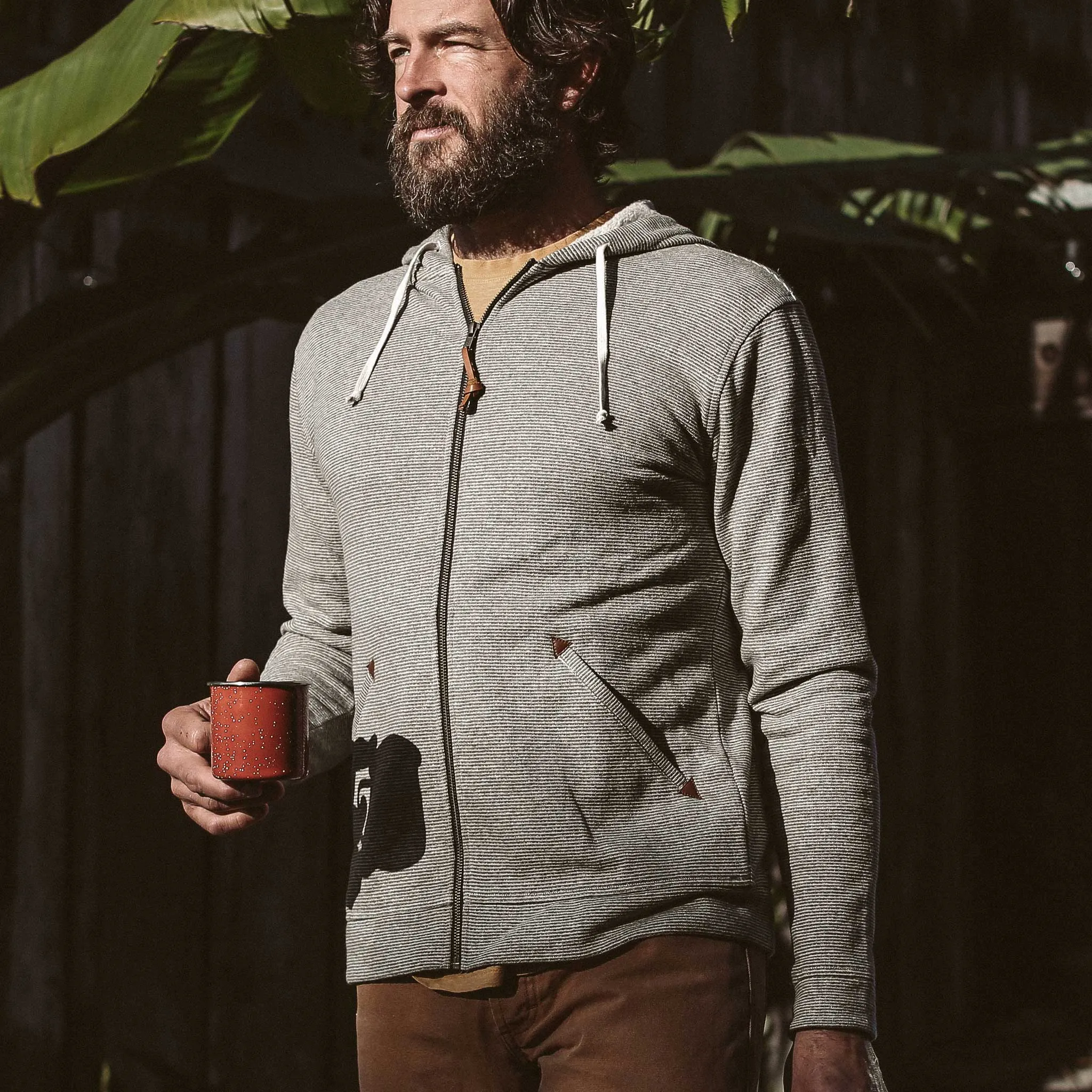 The Après Hoodie in Olive Stripe Hemp Fleece