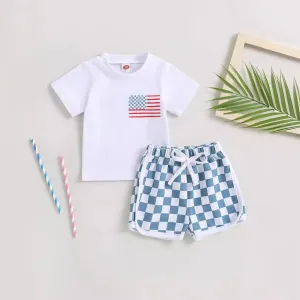 USA Flag T-Shirt and Checkerboard Shorts Set